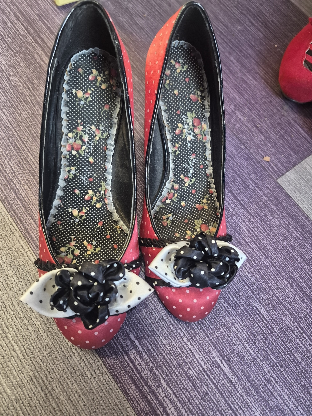 Bettie Page Red Polka Dot Floral Bow Flats